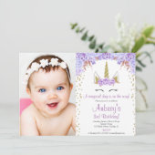 Invitation Unicorne violette et or photo d'anniversaire fille (Debout devant)