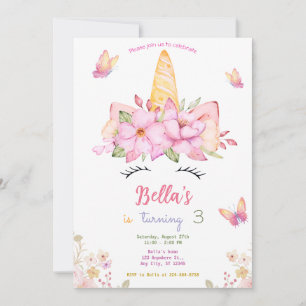 Invitation Unicorne Visage Floral Aquarelle fête d'anniversai