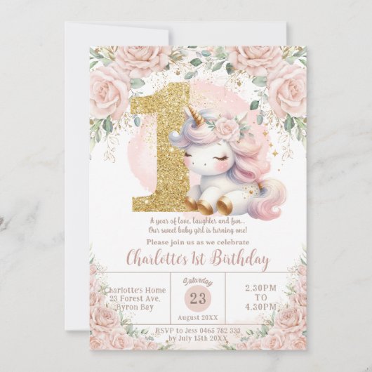 Invitation Unicorne Whimsical Blush rose Floral 1er anniversa (Devant)