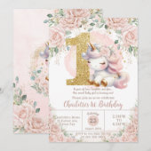 Invitation Unicorne Whimsical Blush rose Floral 1er anniversa (Devant / Derrière)