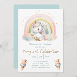 Invitation Unicorne Whimsical, Crème de glace et Arc-en-ciel 
