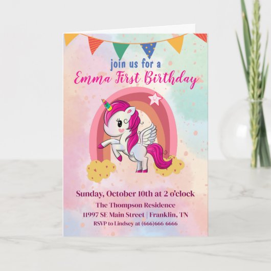 Invitation Unicornes magiques Aquarelle rose 1er anniversaire (Devant)