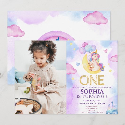 Invitation Unicornes magiques Purple Aquarelle fête d'anniver (Devant / Derrière)