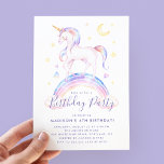 Invitation Unicornes magiques Purple Aquarelle fête d'anniver<br><div class="desc">Famille d'Invitations et amis à votre fête d'anniversaire avec notre invitation personnalisable Magical Unicorns fête d'anniversaire. L'invitation pour la fête d'anniversaire de l'enfant présente une belle licorne d'aquarelle debout sur un arc-en-ciel entouré d'une lune jaune et d'étoiles. Personnalisez les invitations d'anniversaire mignonnes en ajoutant un nom et des détails de...</div>