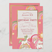 Invitation Unicornes mignonnes et arcs-en-ciel en rose (Devant / Derrière)