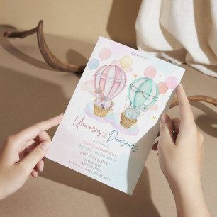 Invitation Unicornes mignonnes et dinosaures anniversaire con