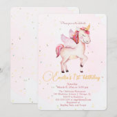 Invitation Unicornes Pegasus Aquarelle rose Filles d'annivers (Devant / Derrière)