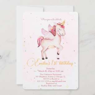 Invitation Unicornes Pegasus Aquarelle rose Filles d'annivers