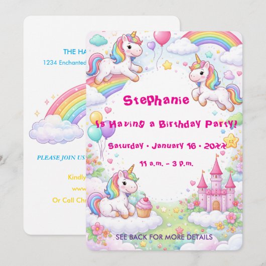 Invitation Unicorns & Rainbows Pastel Childs Birthday (Devant / Derrière)