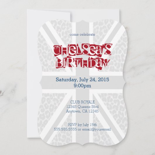 Invitation Union Jack British Flag avec Blue Cheetah Print (Dos)