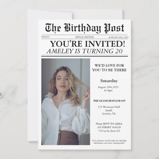Invitation Unique 20e anniversaire de la fête Journal Couvert (Devant)