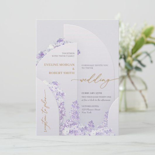 Invitation Unique 4 arches printemps violet fleurs lilas or (Debout devant)
