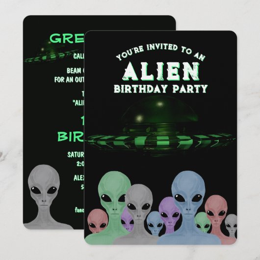 Invitation unique anniversaire 10 ans thème Aliens (Devant / Derrière)