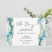 Invitation Unique baby shower moderne Blue Oh Boy (Debout devant)