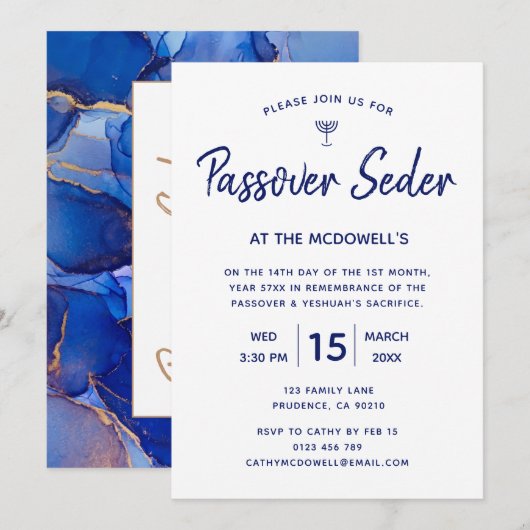 Invitation unique bleu et or pour le Seder de Pâqu (Devant / Derrière)