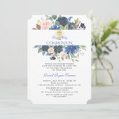 Invitation Unique Blue Blush Floral Gold Cross Holy Communion (Debout devant)