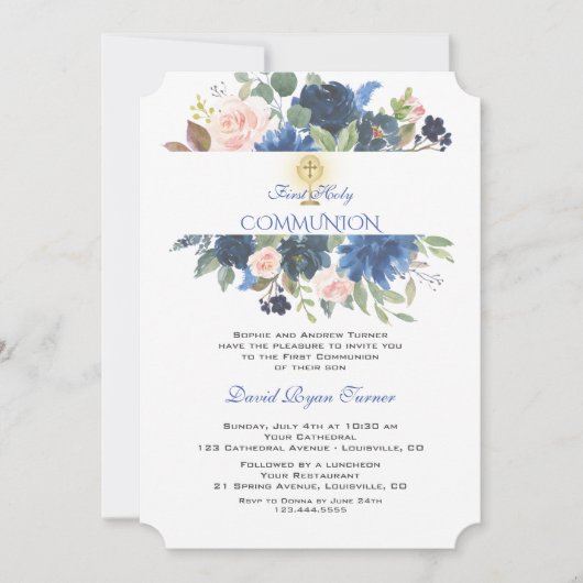 Invitation Unique Blue Blush Floral Gold Cross Holy Communion (Devant)