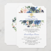 Invitation Unique Blue Blush Floral Gold Cross Holy Communion (Devant / Derrière)