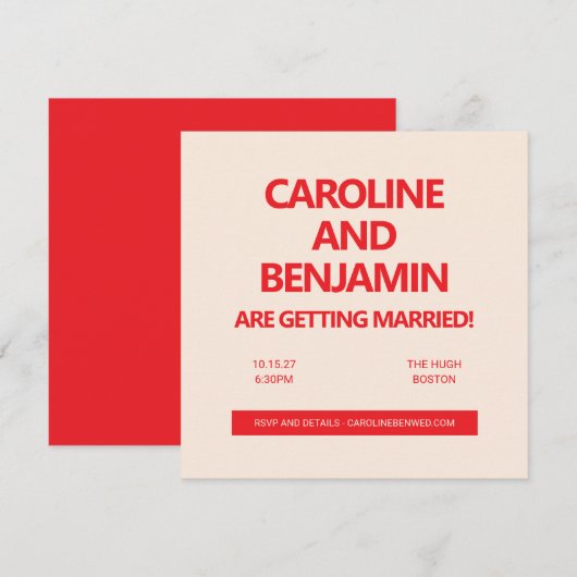 Invitation Unique Bold Red Text Modern Minimalist Wedding (Devant / Derrière)