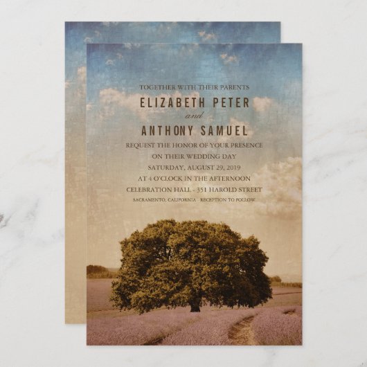 Invitation Unique Creative Rustic Tree Lavender Mariage (Devant / Derrière)