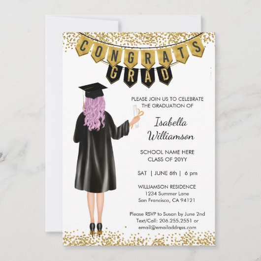 Invitation Unique de Graduation Cheveux pourpres (Devant)