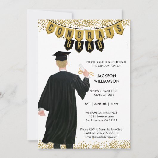 Invitation Unique de Graduation Homme Blonde Cheve (Devant)