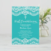 Invitation Unique dentelle Bleue Première Sainte Communion In (Debout devant)