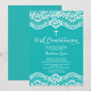 Invitation Unique dentelle Bleue Première Sainte Communion In