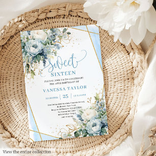 Invitation Unique Dusty Bleu Bleu Fleurs d'or doux 16