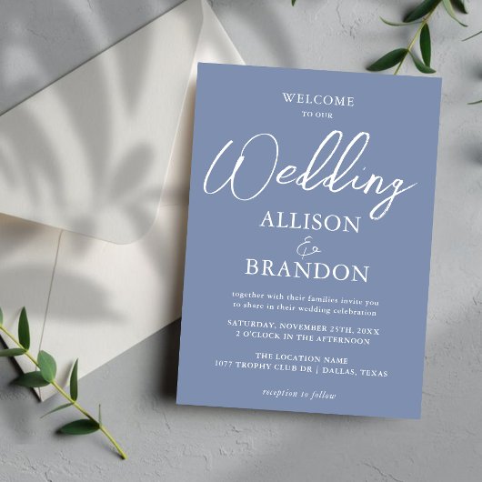 Invitation Unique Dusty Blue & White Calligraphy Mariage
