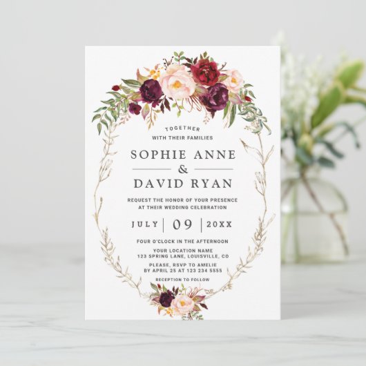 Invitation Unique Élégant Mariage d'or aux fleurs roses borde (Debout devant)