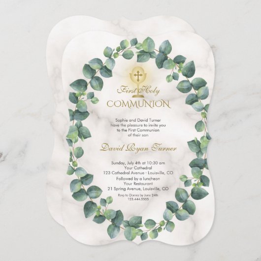 Invitation Unique Eucalyptus couronne d'or Croix sainte Commu (Devant / Derrière)