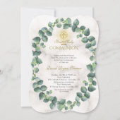 Invitation Unique Eucalyptus couronne d'or Croix sainte Commu (Devant)