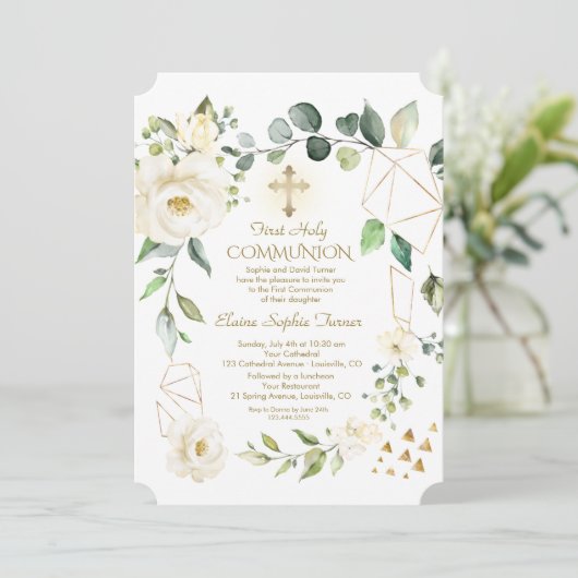 Invitation Unique Fleurs Blanches Cadre Or Sainte Communion (Debout devant)