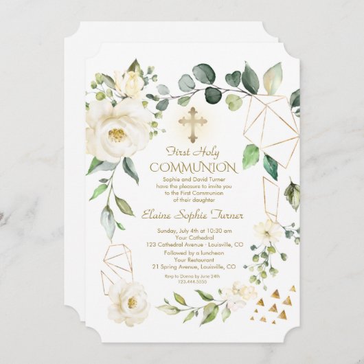 Invitation Unique Fleurs Blanches Cadre Or Sainte Communion (Devant / Derrière)