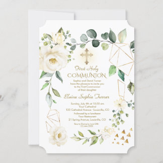 Invitation Unique Fleurs Blanches Cadre Or Sainte Communion