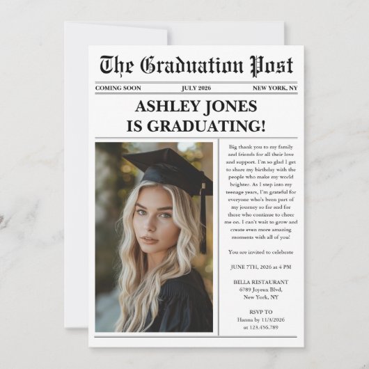 Invitation Unique Fun Newspaper Photo Graduation  (Devant)