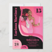 Invitation Unique Geometric Pink Black Four Photo Quinceañera (Devant)