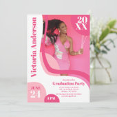 Invitation Unique Géométrique Rose Blanc Quatre Photo Graduat (Debout devant)