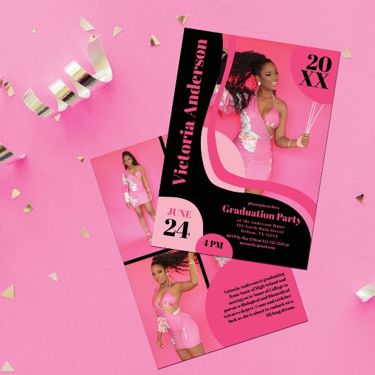 Invitation Unique Géométrique Rose Noir Quatre Photo Graduati