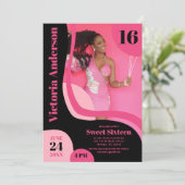 Invitation Unique Géométrique Rose Noir Quatre Photo Sweet 16 (Debout devant)