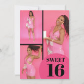 Invitation Unique Géométrique Rose Noir Quatre Photo Sweet 16 (Dos)