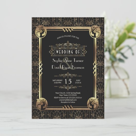 Invitation Unique Gold Black Great Gatsby Art Déco Mariage (Debout devant)