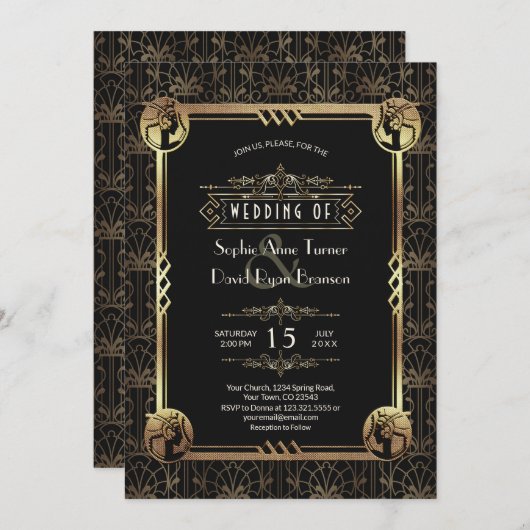 Invitation Unique Gold Black Great Gatsby Art Déco Mariage (Devant / Derrière)
