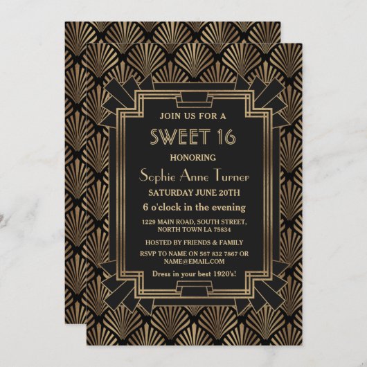 Invitation Unique Gold Black Great Gatsby Art Déco SWEET 16 (Devant / Derrière)