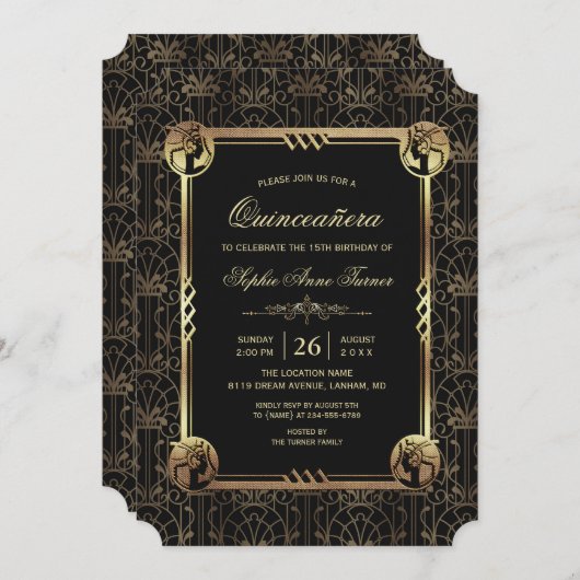 Invitation Unique Gold Great Gatsby Art Déco Quinceañera (Devant / Derrière)