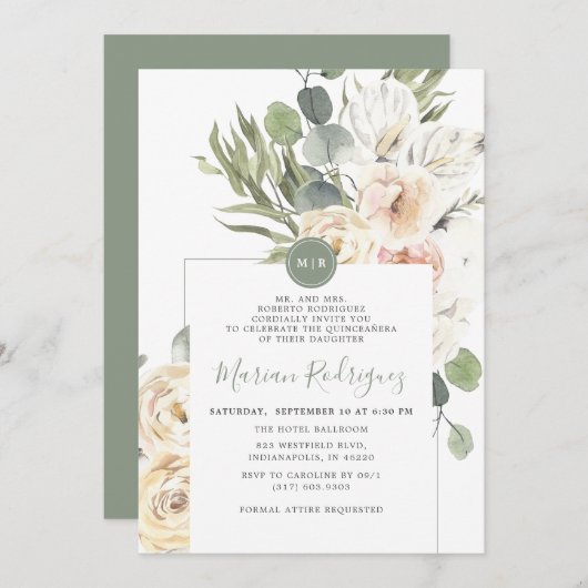 Invitation Unique Gree Floral Eucalyptus Monogram Quinceañera (Devant / Derrière)