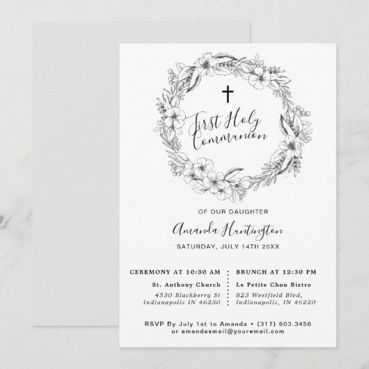 Invitation Unique Gris Floral Première Communion Holly (Devant / Derrière)