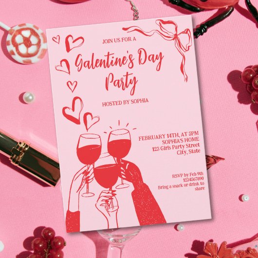 Invitation Unique Hand Drawn Pink Red Galentine's Day Party