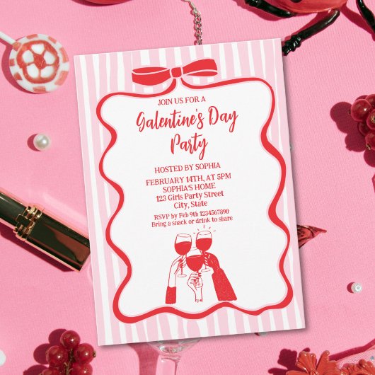 Invitation Unique Hand Drawn Pink Red Galentine's Day Party